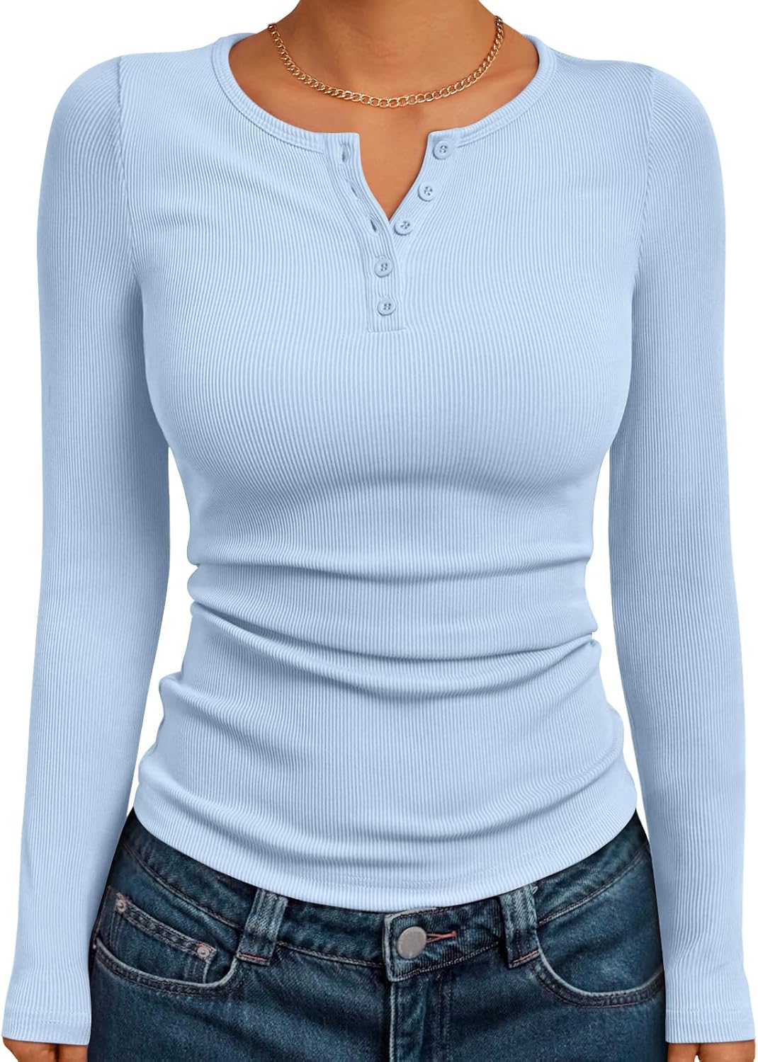 Trendy Queen Womens Long Sleeve Shirts 2025 Henley Casual Fall Outfits Fitted Tops Ribbed Fashion Basic Tees
