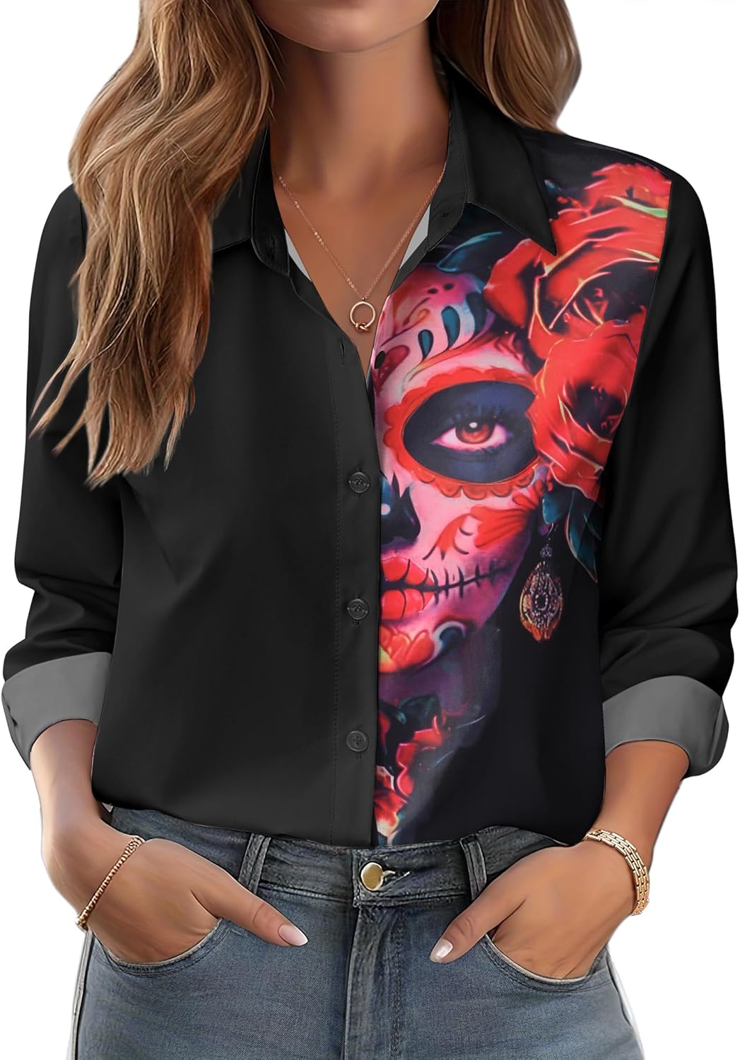 Zeagoo Button Down Shirts for Women Dressy Floral Printed Long Sleeve Blouse Business Casual Work Tops