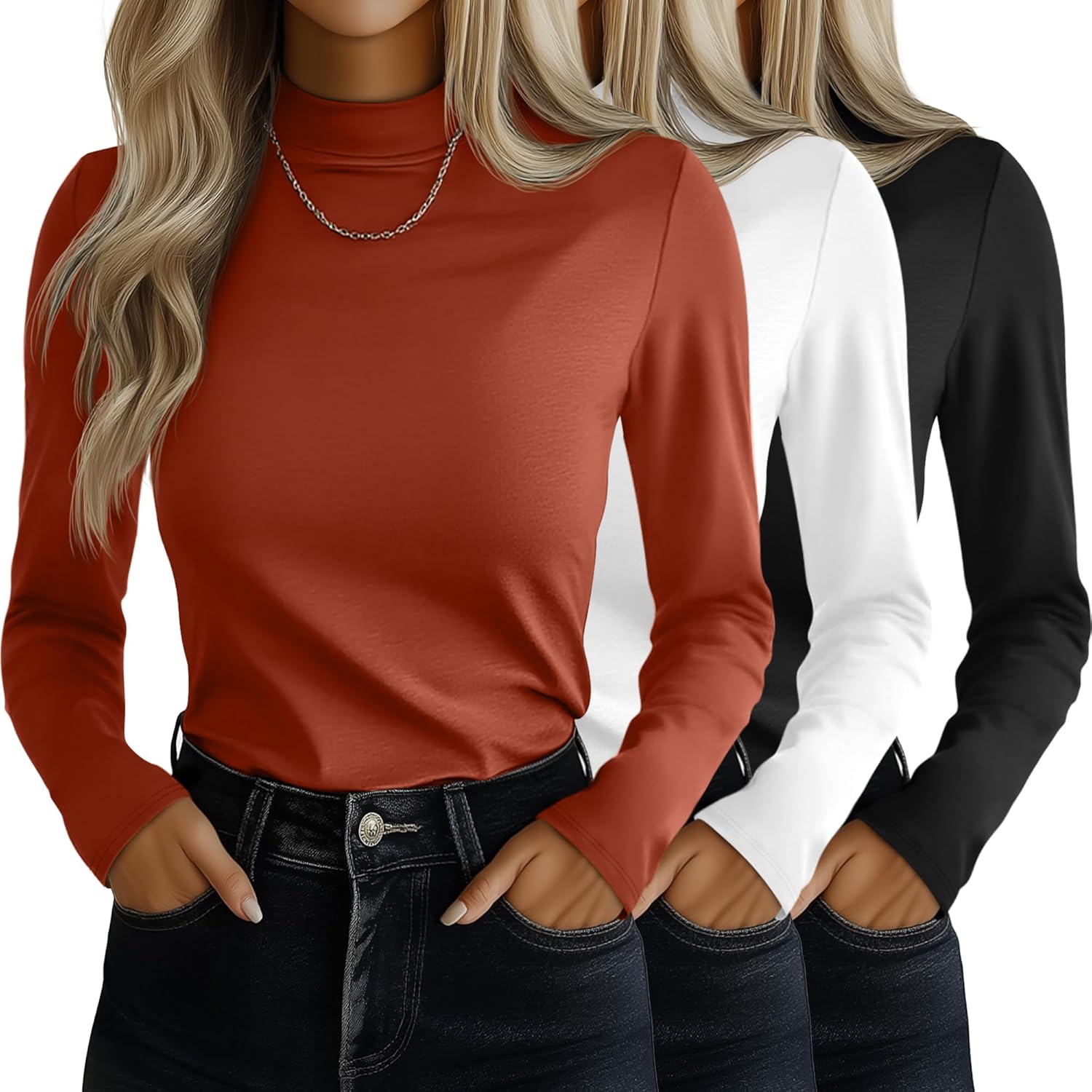 Ficerd 3 Pack Women's Mock Turtleneck Shirts, Long Sleeve Mock Neck Pullover Tops Slim Fitted Stretch Undershirt Tee Blouse