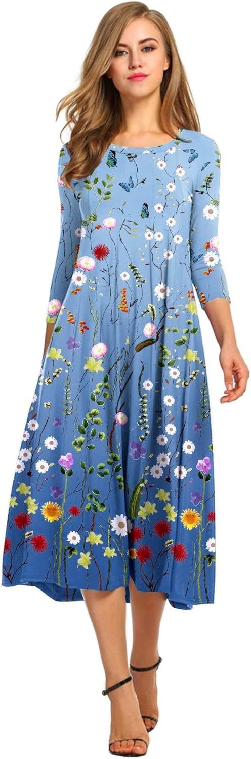 HOTOUCH Women's 3/4 Sleeve A-line and Flare Midi Long Dress