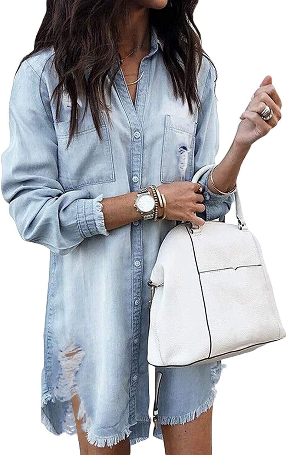 Zilcremo Women Denim Shirt Dresses Long Sleeve Distressed Jean Dress Button Down Casual Tunic Top