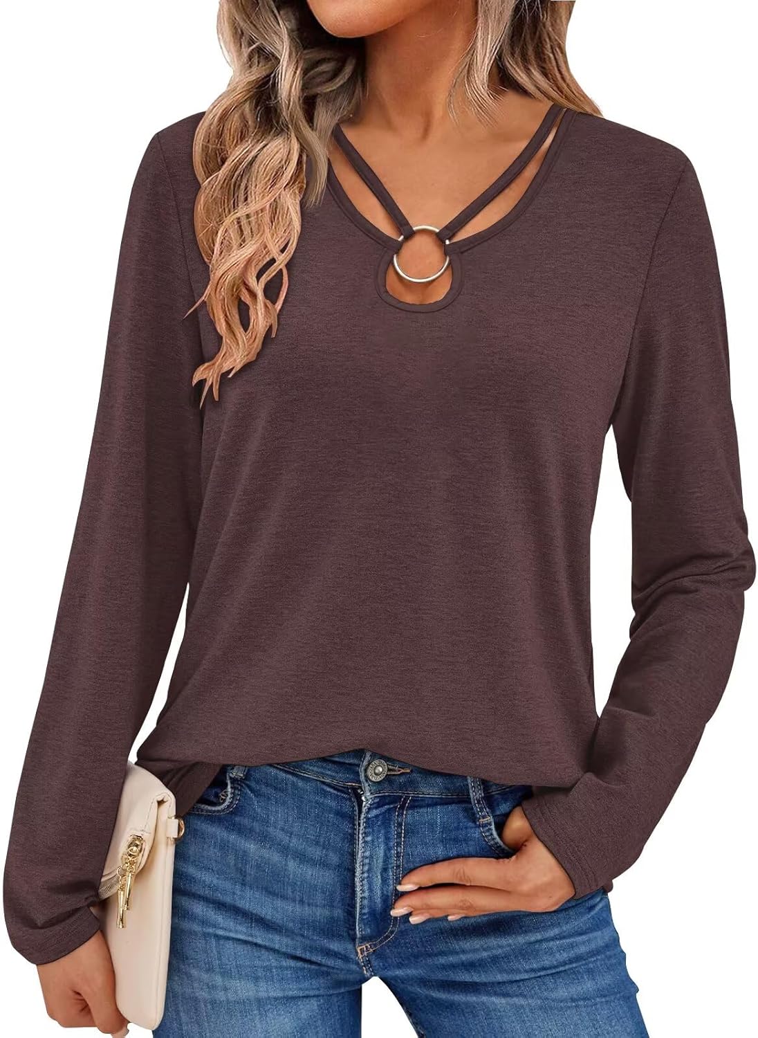 Women's Long Sleeve Tops Keyhole Neck Detail Crew Neck Shirts Ring Cut Out Design Stretchy Tees 2025