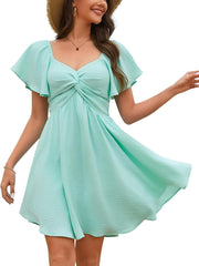Florboom Women's Sweetheart Knot Front Dress Flutter Sleeve Tie Back A-Line Chiffon Mini Dresses