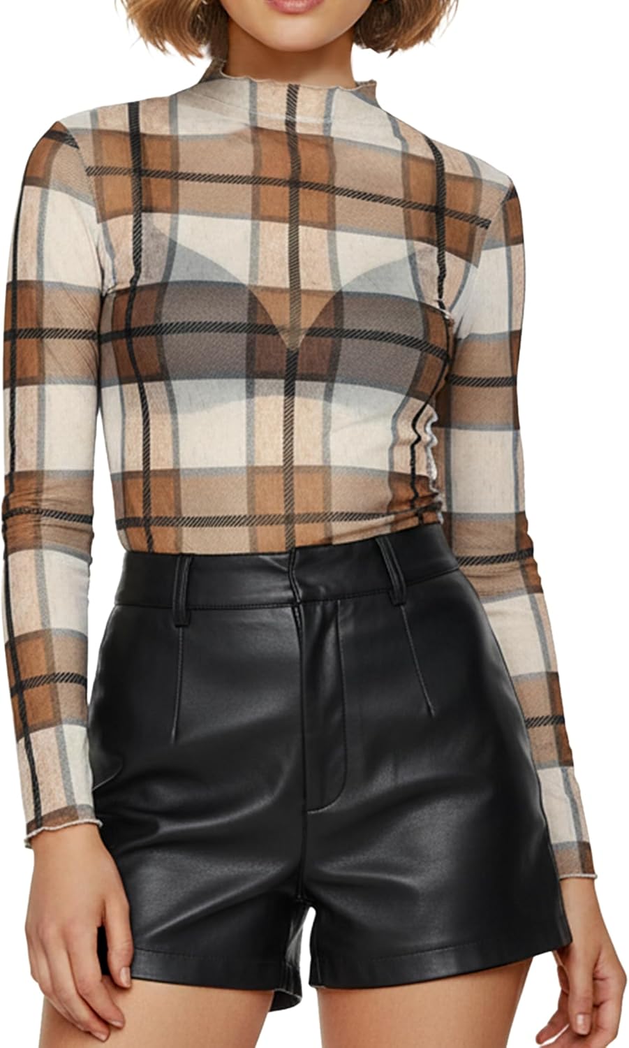 Buauty Mesh Long Sleeve Top for Women, Lace Sheer Tops See Through Mock Neck Floral Embroidery Sheer Blouce Fishnet Shirt