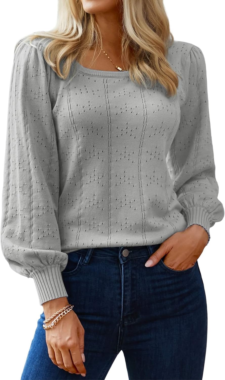 HOTOUCH Sweaters for Women 2025 Fall Trendy Tops Casual Puff Sleeve Square Neck Cute Tunic Pullover Blouses XS-XXL