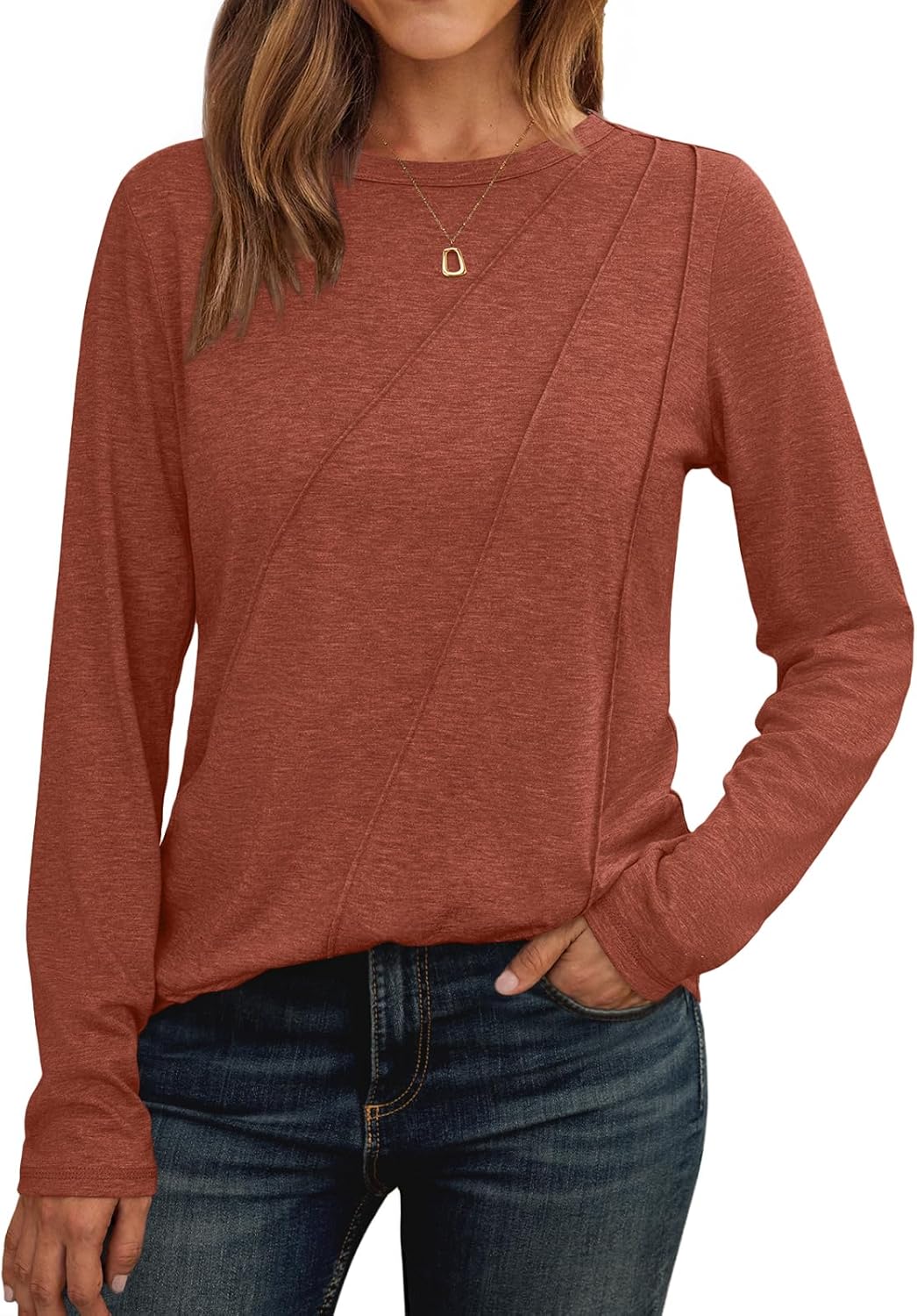 AUTOMET Womens Long Sleeve Shirts Pleated Crew Neck Casual Fall Fashion Tops Loose Fit Lightweight Girls Outfits Clothes