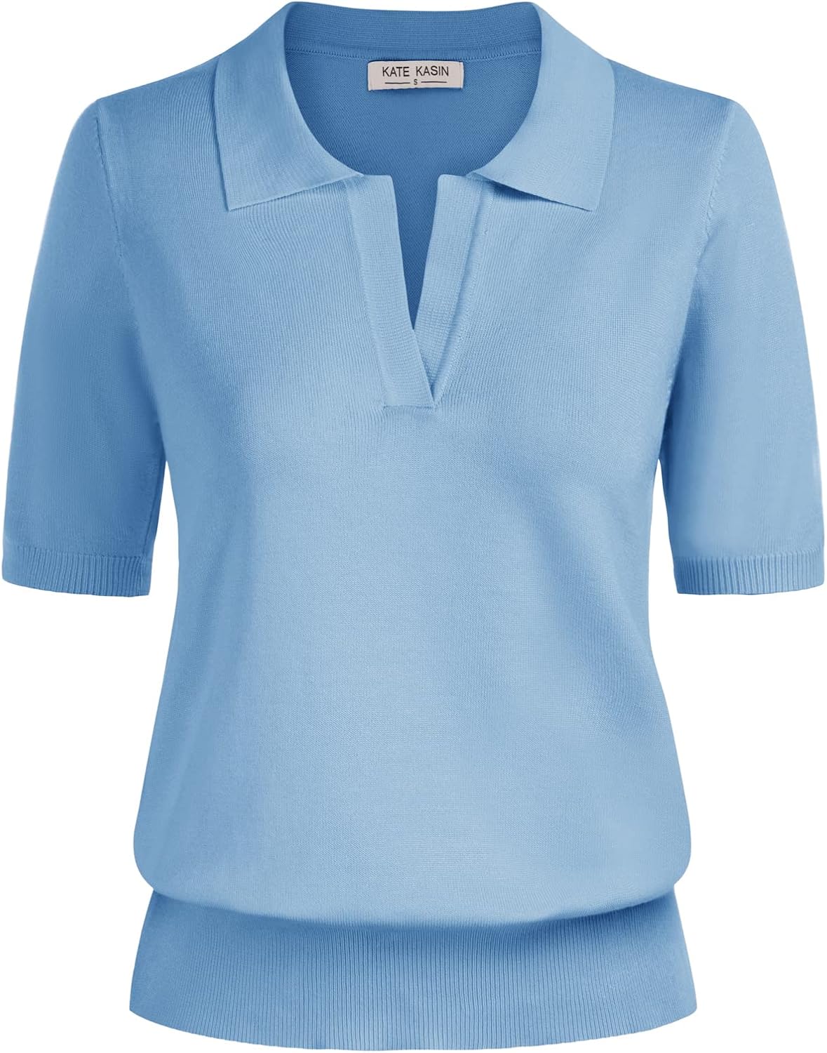 Kate Kasin Women Short Sleeve Polo Sweater V Neck Knitted Tops Casual Ribbed Shirt Loose Pullover Sweater