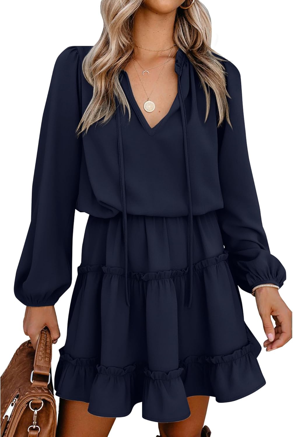 BTFBM Long Sleeve Fall Dresses for Women 2025 Summer Casual Tie Neck Ruffle Tiered A Line Wedding Guest Short Mini Dress