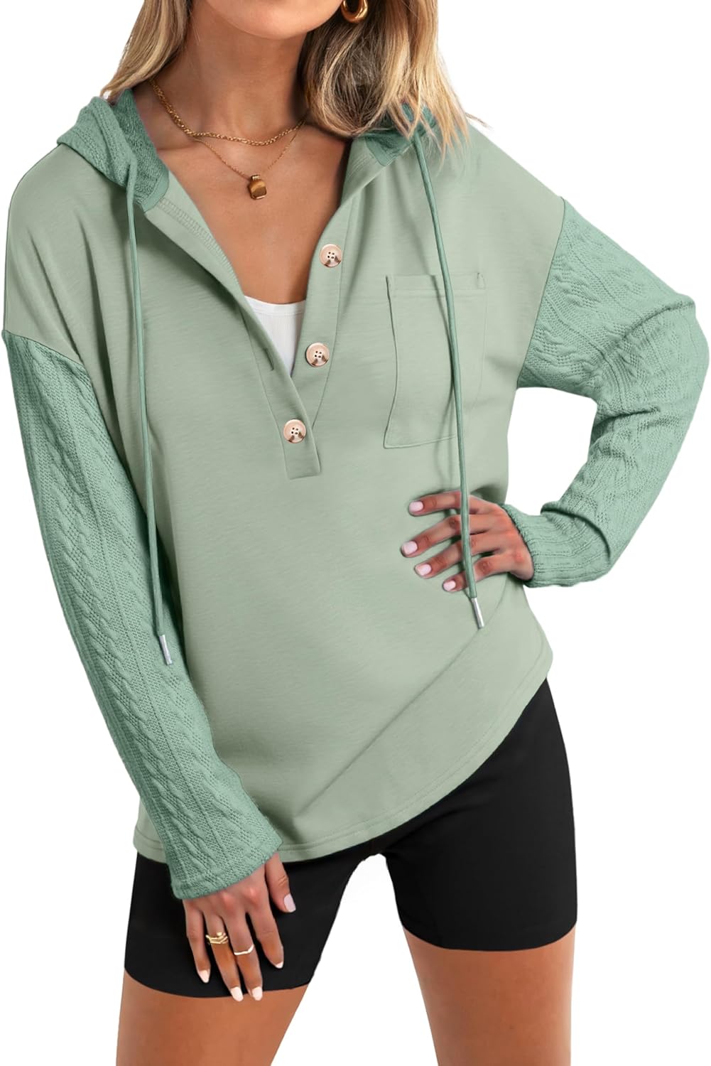 Glamaker Women's Button Down Cable Knit Hoodies Long Sleeve Patch Work Spliced Pullover Hooded Sweatshirts