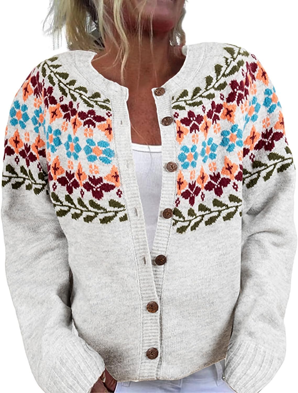 Women's Funny Fall Winter Animal Floral Christmas Tree Long Sleeve Button Knit Cardigan Sweater