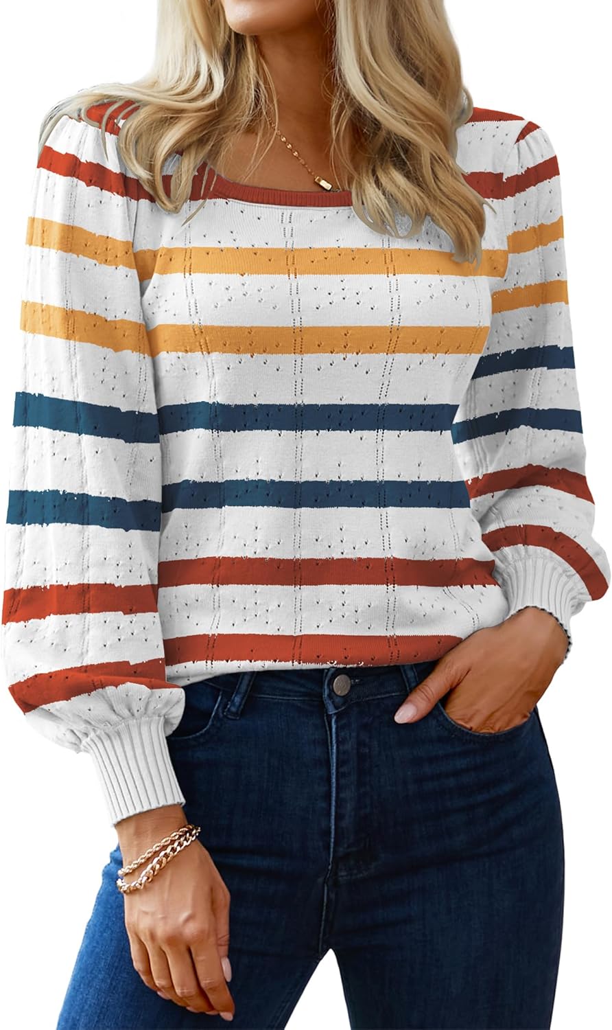 HOTOUCH Sweaters for Women 2025 Fall Trendy Tops Casual Puff Sleeve Square Neck Cute Tunic Pullover Blouses XS-XXL