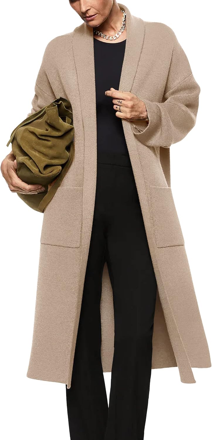 Womens Long Sleeve Maxi Cardigan Open Front Oversized Knitted Sweater Coat Casual Lapel Warm Overcoat with Pockets