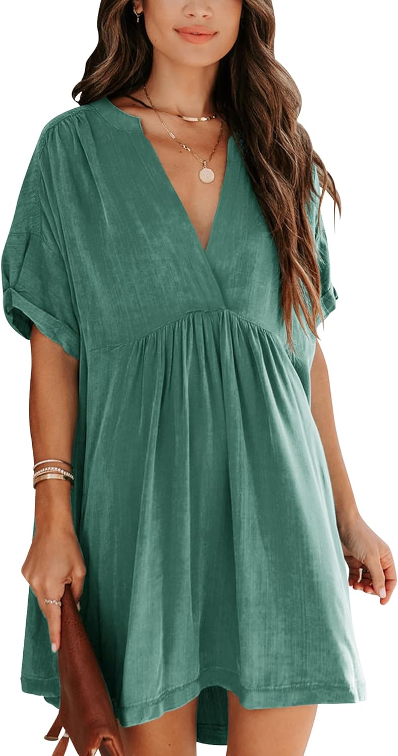 Minclouse Women's Babydoll Short Sleeve Tunic Dress V Neck Cute Casual Loose Dresses