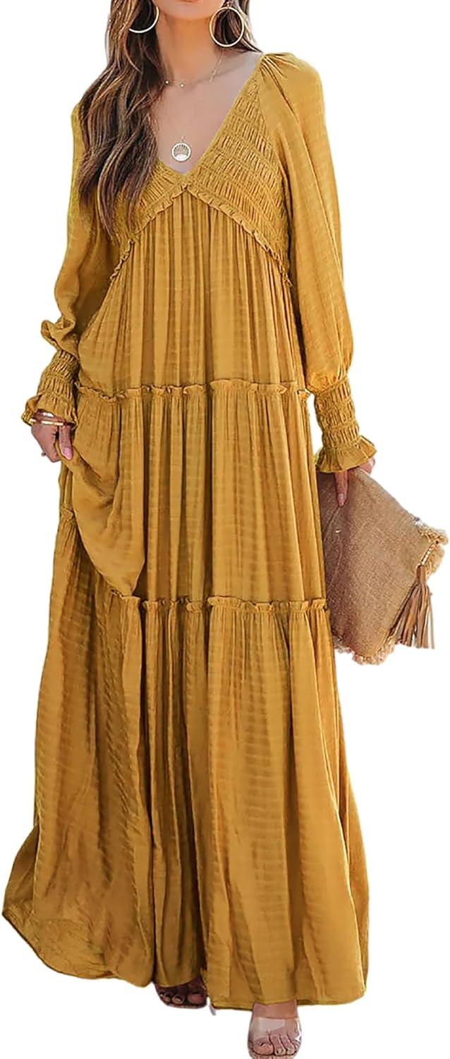 R.Vivimos Maxi Dress for Women Long Sleeve V Neck Empire Waist Layered Ruffle Boho Casual Flowy Long Dresses