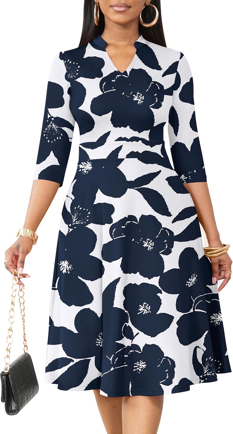 Nmoder Casual Dresses for Women Semi Formal Fit and Flare 3/4 Sleeve A-line Church Work Dress with Pockets
