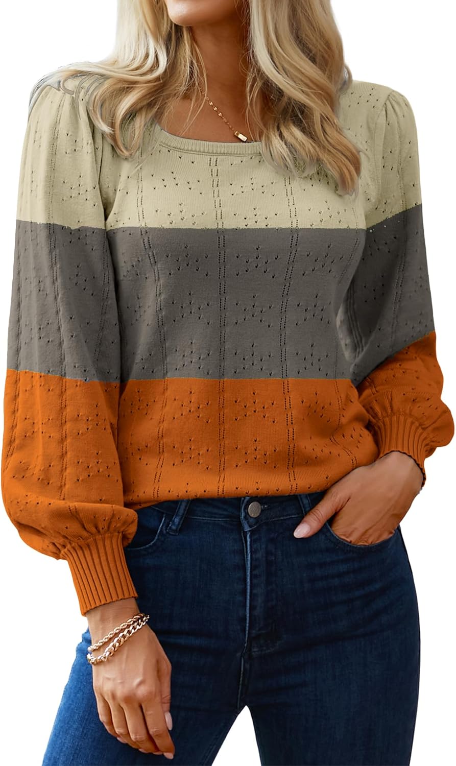 HOTOUCH Sweaters for Women 2025 Fall Trendy Tops Casual Puff Sleeve Square Neck Cute Tunic Pullover Blouses XS-XXL