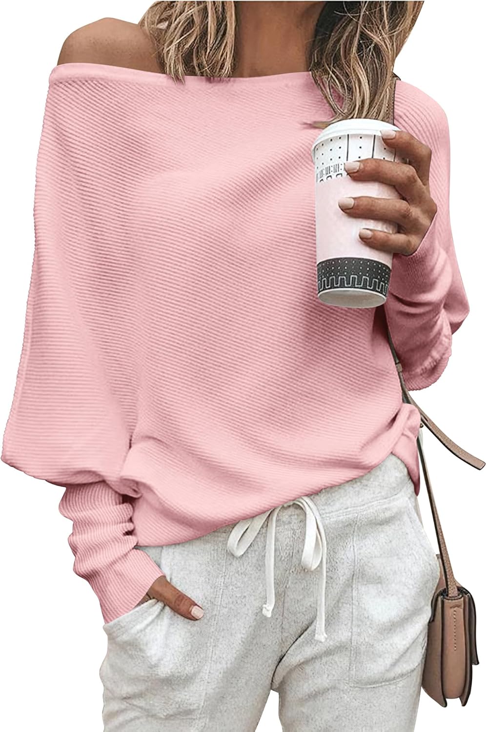 Zenlonr Women's Fall Sweaters 2025 Casual Long Batwing Sleeve Loose Off Shoulder Knit Pullovers Jumper Tops