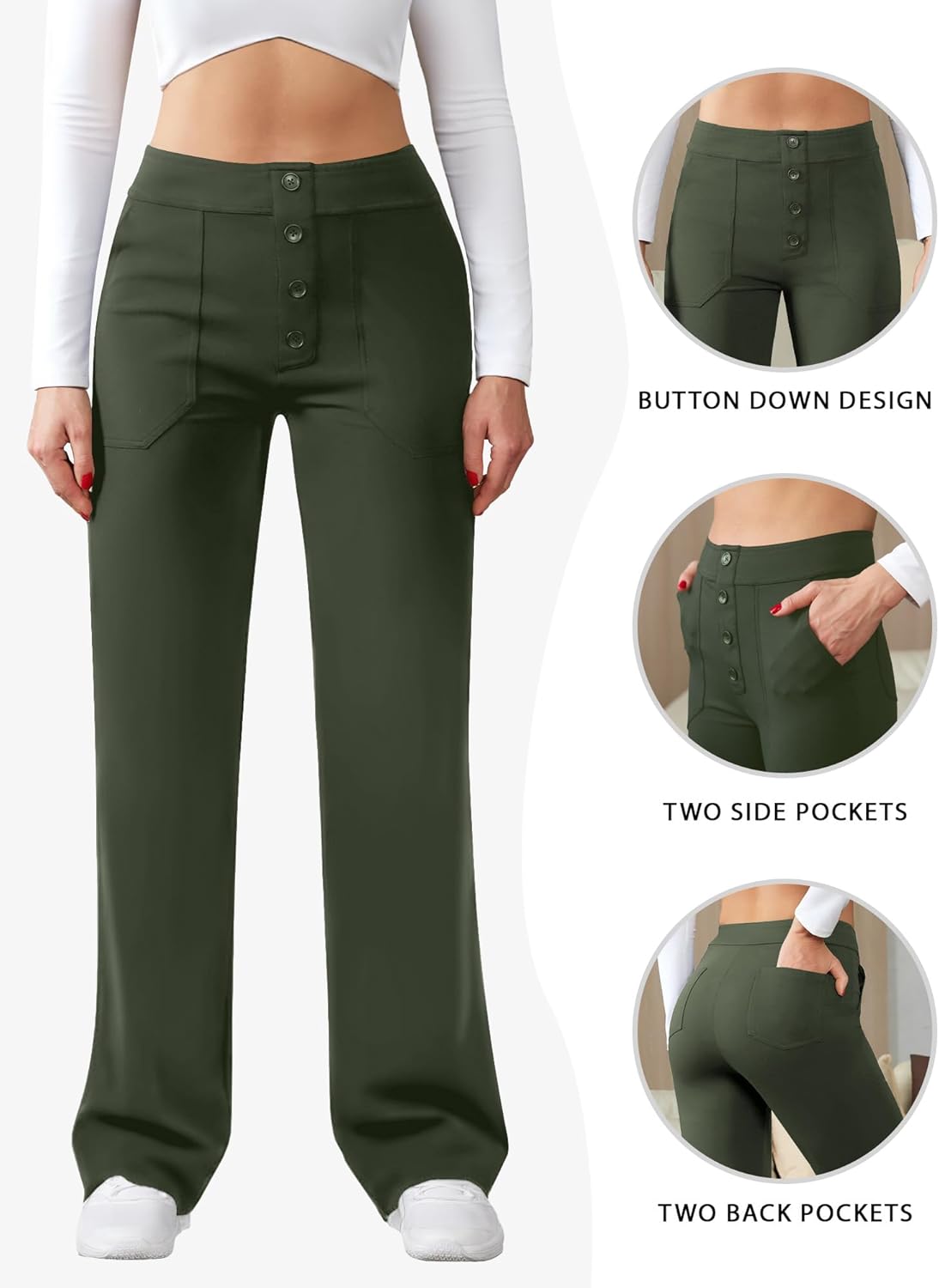 Womens Casual High Waist Straight Leg Pants Stretchy Button Business Dress Work Pocket Trousers