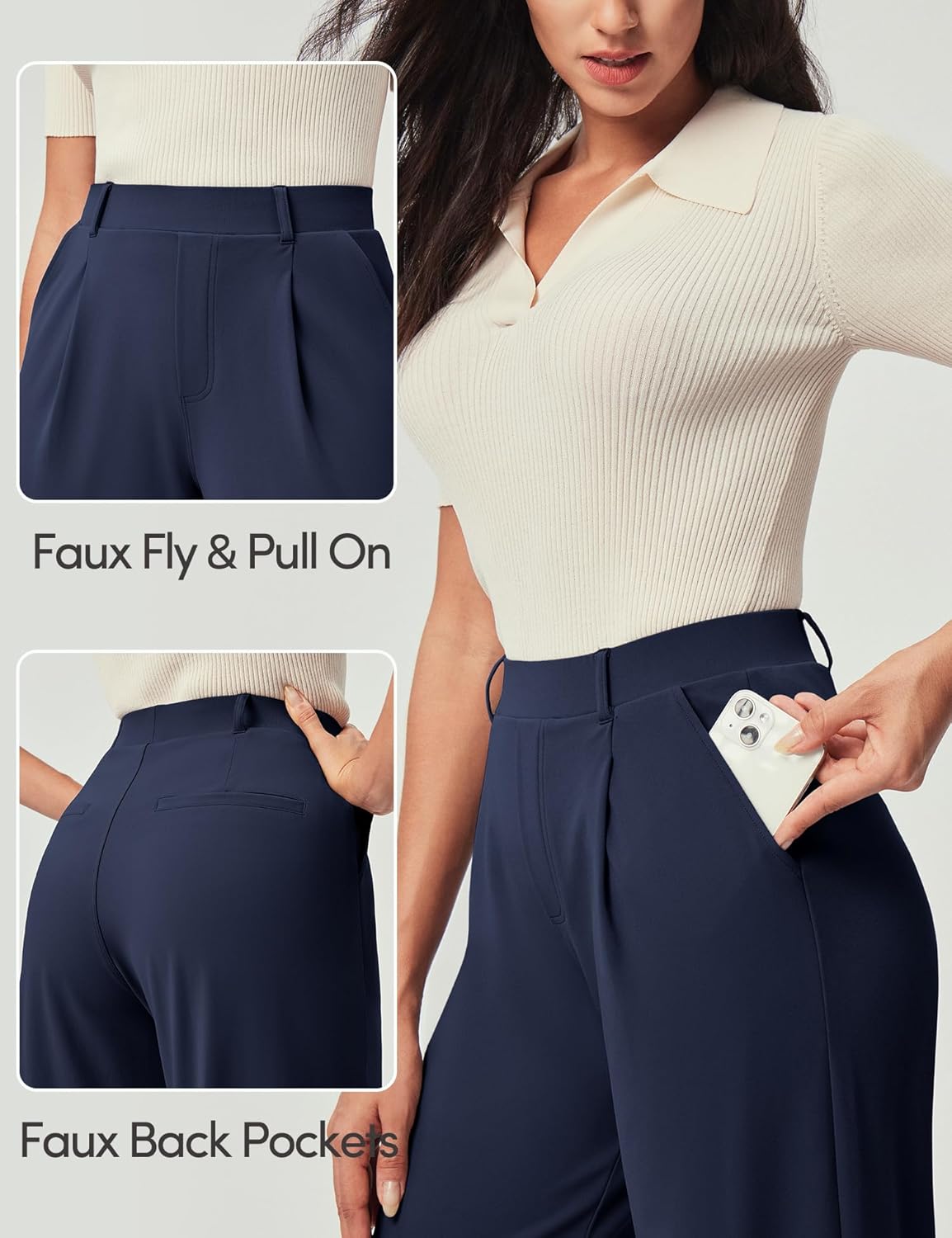 IUGA Womens Dress Pants Wide Leg Pull On Stretchy Work Pants Women High Waisted Business Casual Trousers with Pockets