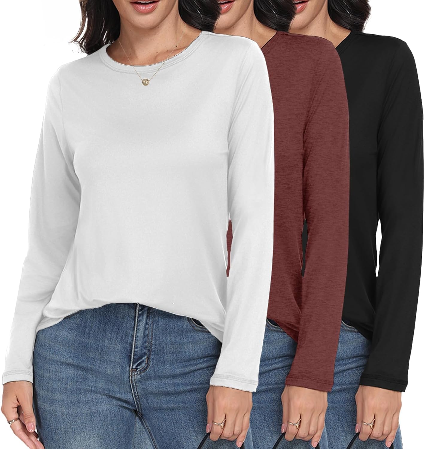 GAYHAY 3 Pack Long Sleeve Shirts for Women - Loose Fit Crew Neck Basic Tees Fall Tops Outfits Casual Clothes 2025