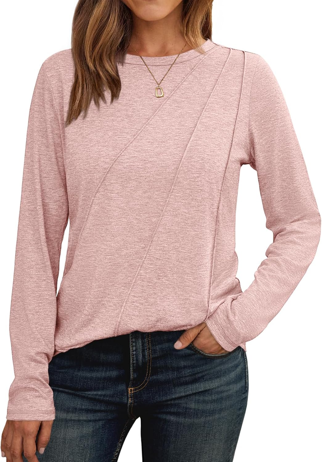 AUTOMET Womens Long Sleeve Shirts Pleated Crew Neck Casual Fall Fashion Tops Loose Fit Lightweight Girls Outfits Clothes