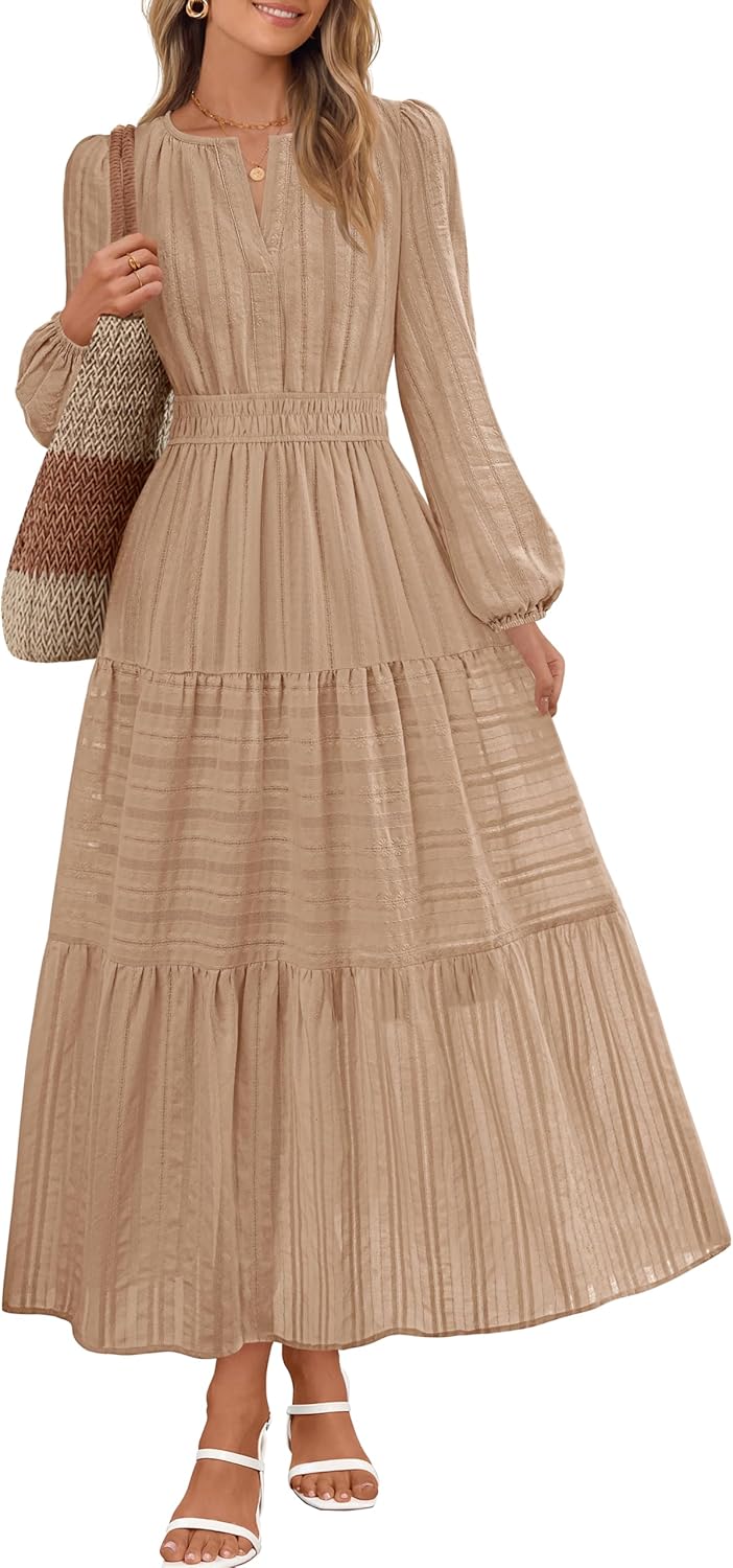 MEROKEETY Fall Dresses for Women 2025 Winter Long Sleeve Casual V Neck Tiered Cotton Midi Maxi Dress Pockets