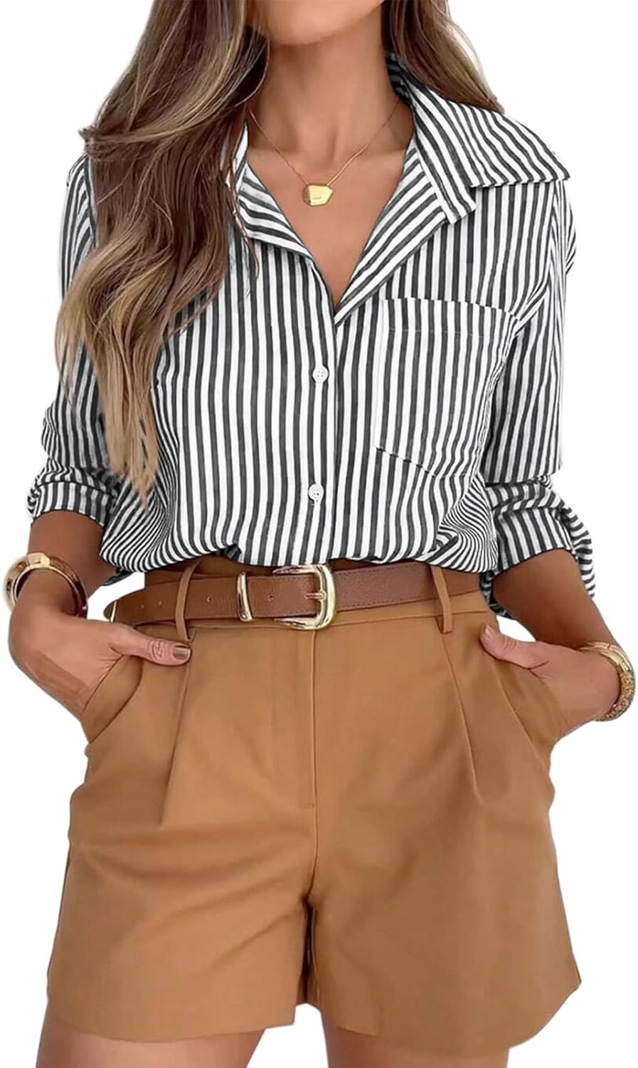 siliteelon Striped Button Down Shirts for Women Dress Shirts Long Sleeve Casual Collared Office Work Shirt with Pocket
