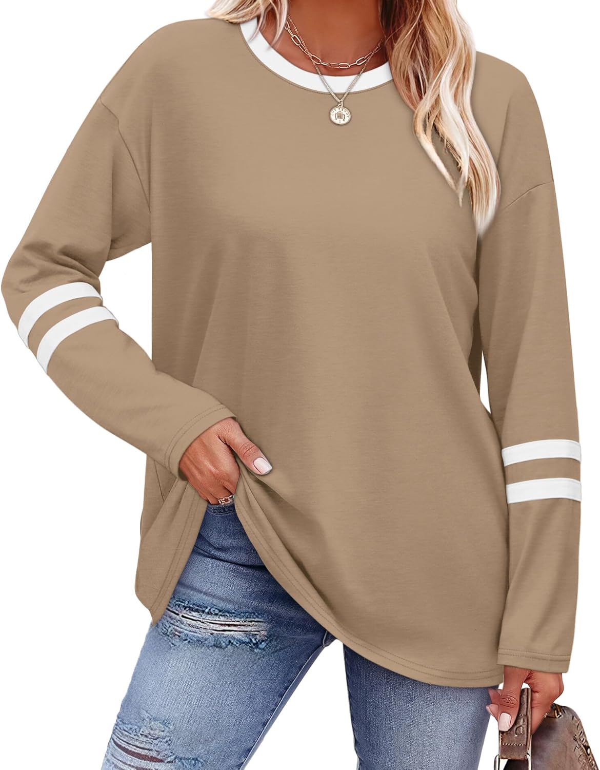 Sampeel Long Sleeve Shirts for Women Color Block Casual Tops Fall Outfits 2025 Basic Tees Trendy Clothes