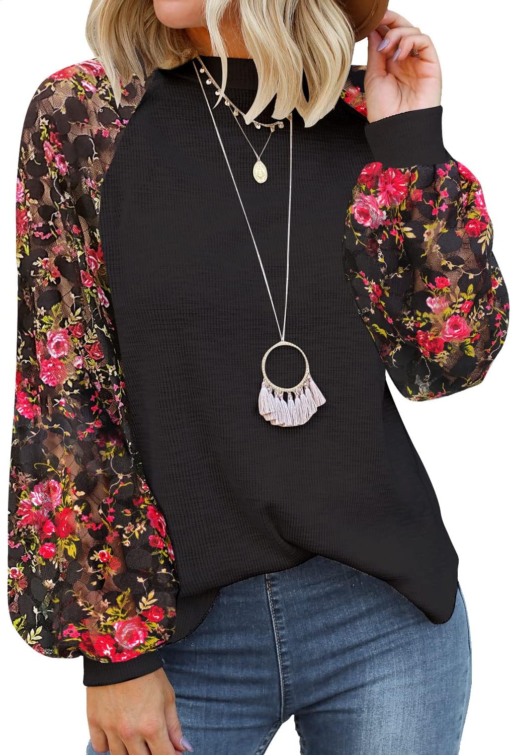 MIHOLL Women’s Long Sleeve Tops Lace Casual Loose Blouses T Shirts