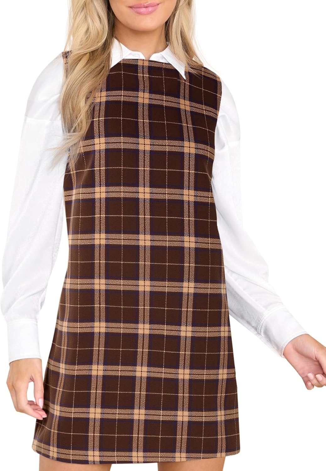 Fisoew Women's Plaid Christmas Dress Mini Sleeveless Round Neck A Line Short Xmas Party Dresses