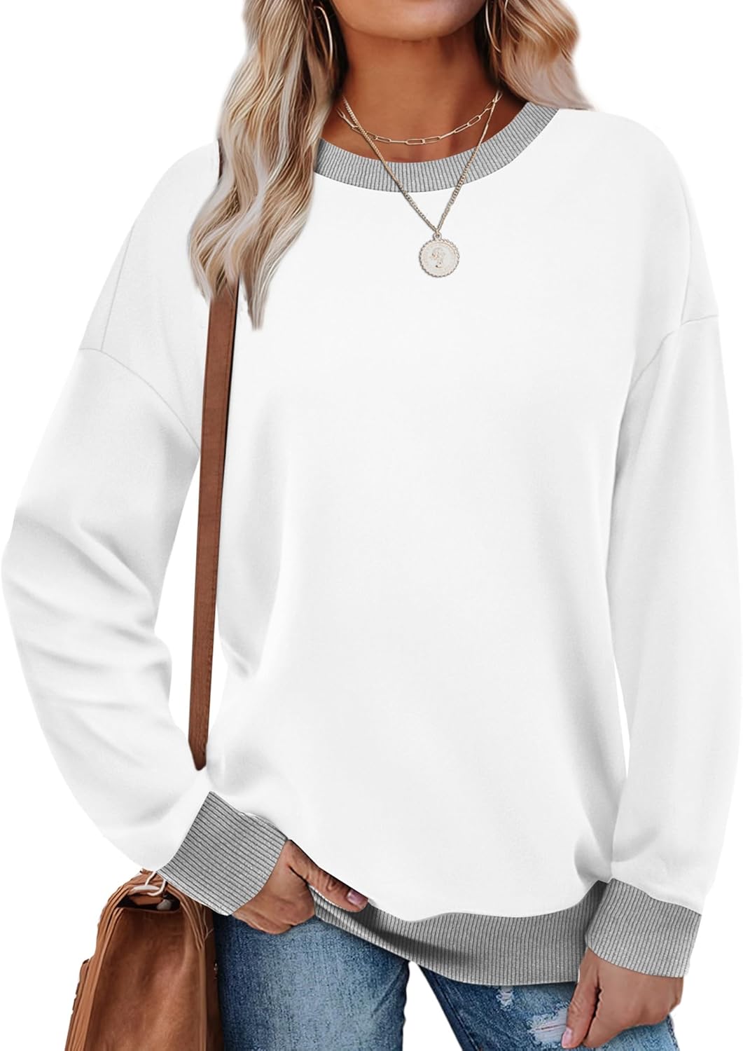 Saloogoe Sweatshirts for Women Crewneck Long Sleeve Loose Fit Tops Color Block Ribbed Trim Fashion 2025