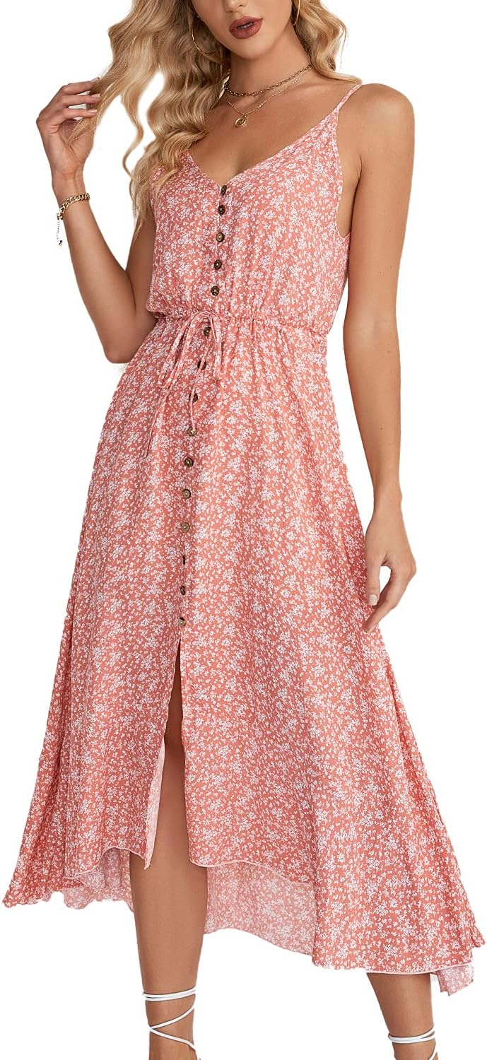 BROVAVE Women's 2025 Summer Casual Boho Sundress Polka Dot Spaghetti Strap V Neck Flowy Midi Dresses