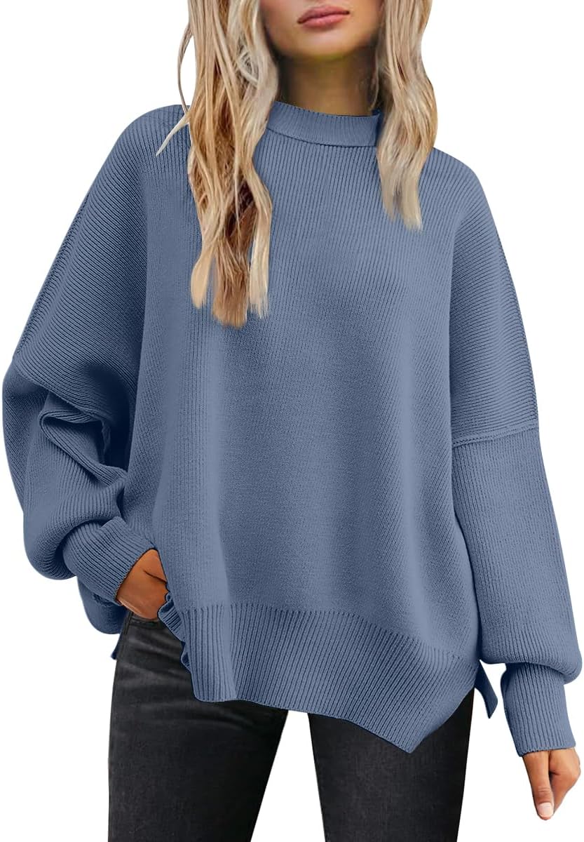 LILLUSORY Women's Oversized Batwing Sweaters 2025 Fall Outfits Trendy Crewneck Knit Side Slit Fashion Pullover Tops