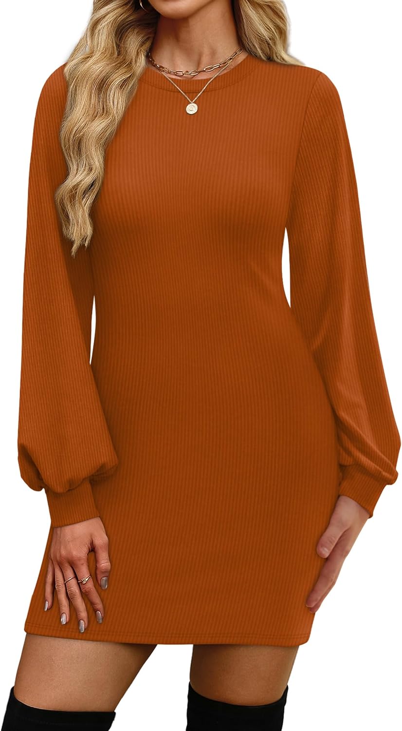 OFEEFAN Sweater Dresses for Women 2025 Fall Winter Puff Long Sleeve Crewneck Bodycon Fleece Ribbed Pullover Fashion Clothing