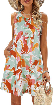 SimpleFun Summer Dresses for Women Beach Floral Tshirt Sundress Casual Pockets Boho Tank Dress