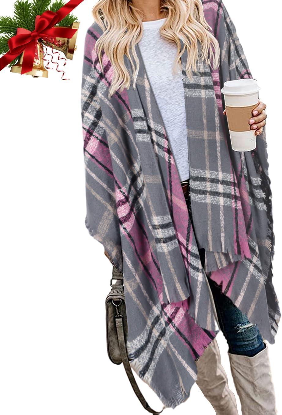 Bestshe Women's Boho Open Front Poncho Knitted Plaid Shawl Wrap Cape Tassel Cardigan Sweater