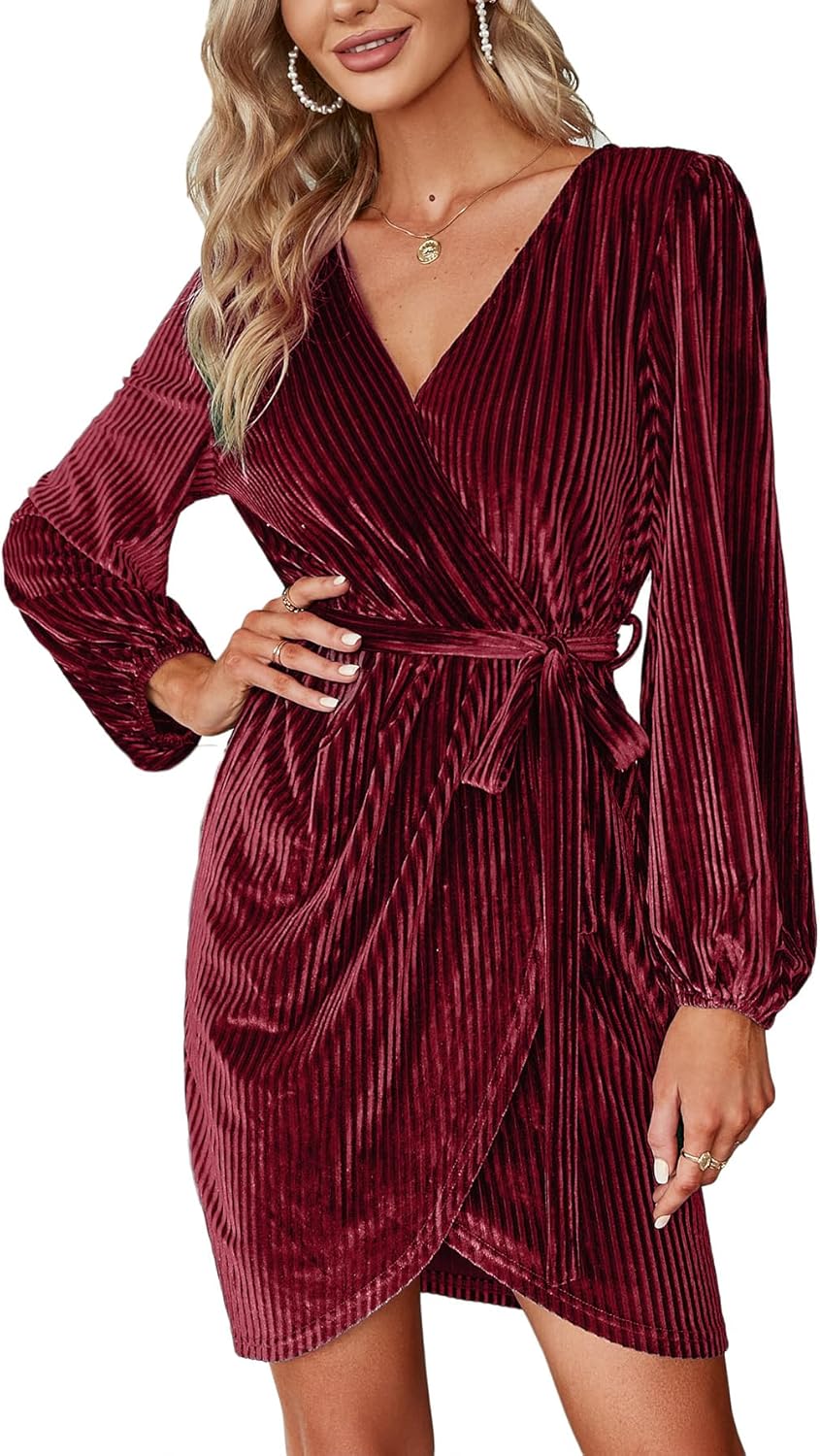 BerryGo Women's Long Sleeve Wrap Semi Formal Velvet Mini Dress Sexy Cocktail Party Winter Club Dress
