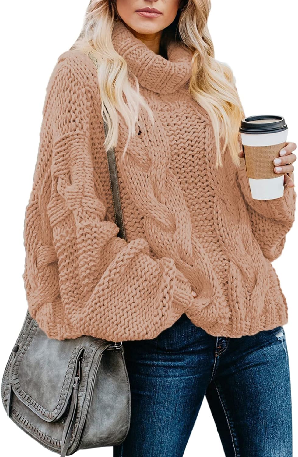 Dokotoo Womens 2025 Winter Fall Solid Turtleneck High Neck Balloon Long Sleeve Sweaters Pullover Outerwear