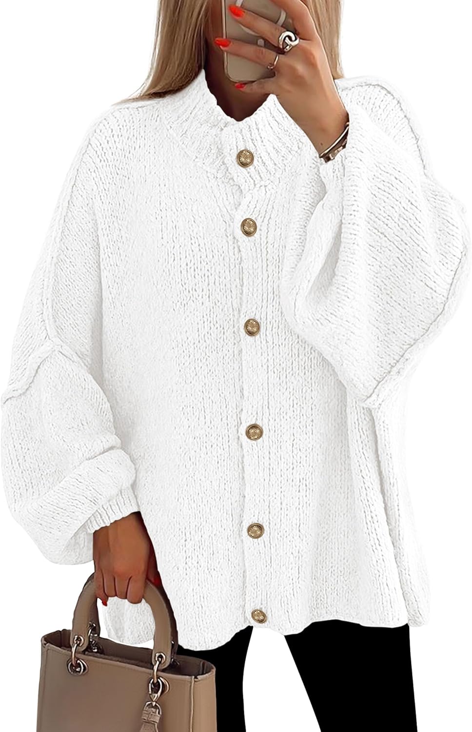 PRETTYGARDEN Women's Winter Button Down Cardigan Sweaters Mock Neck Lantern Long Sleeve Chunky Knit Jacket Trendy Outerwear