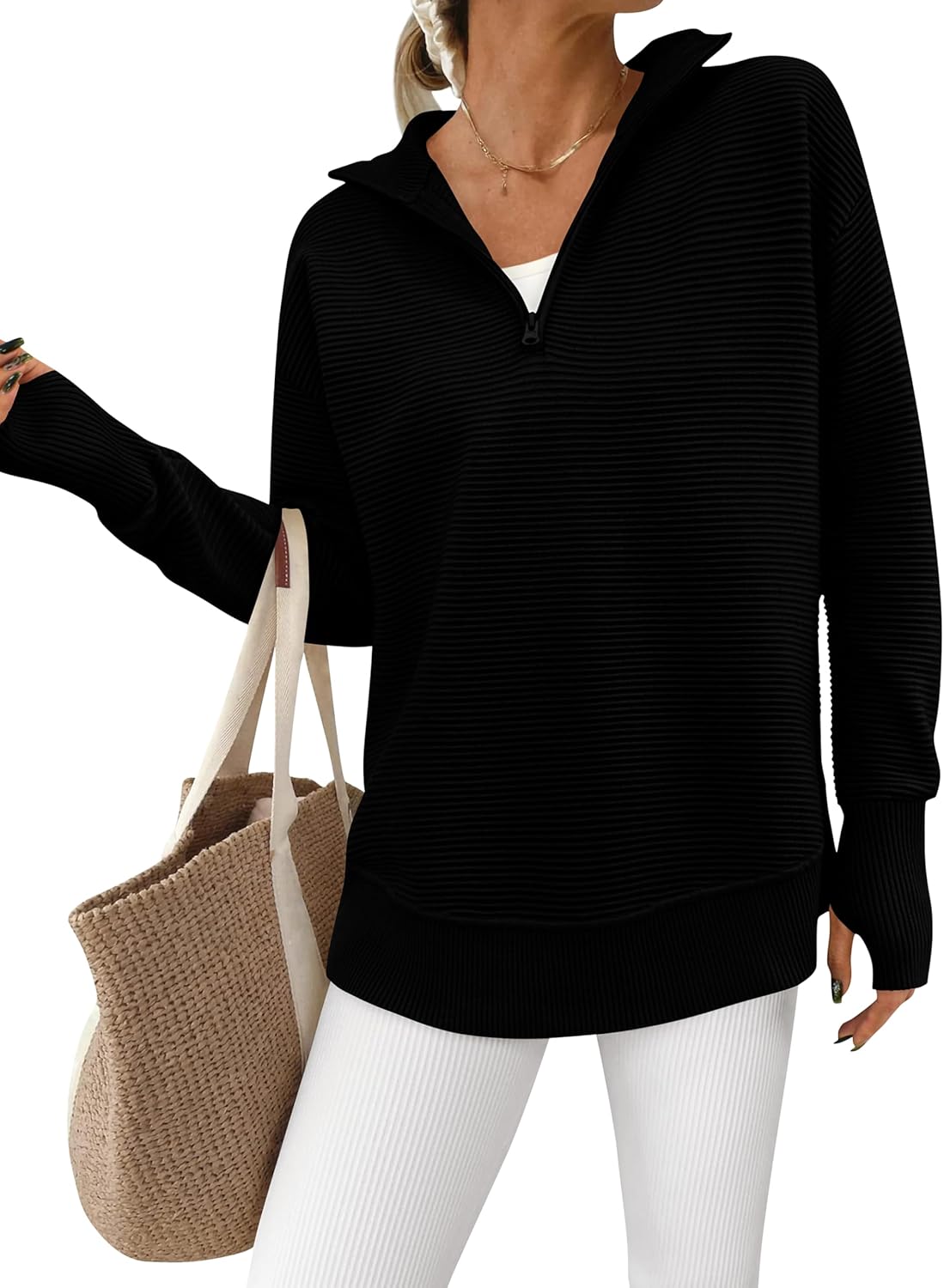 PRETTYGARDEN Womens Long Sleeve Quarter Zip Pullover Sweater Casual Loose V Neck Collared Ribbed Knit Jumper Tops Thumb Hole