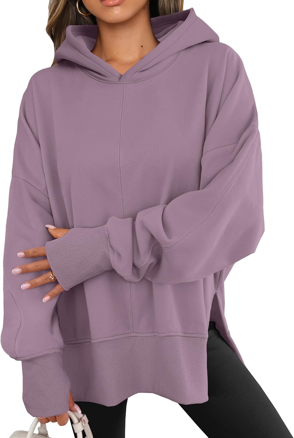 ANRABESS Womens Oversized Hoodies Long Sleeve Fleece Side Slit Hooded Sweatshirts Pullover 2025 Fall Outfits Y2K Clothes