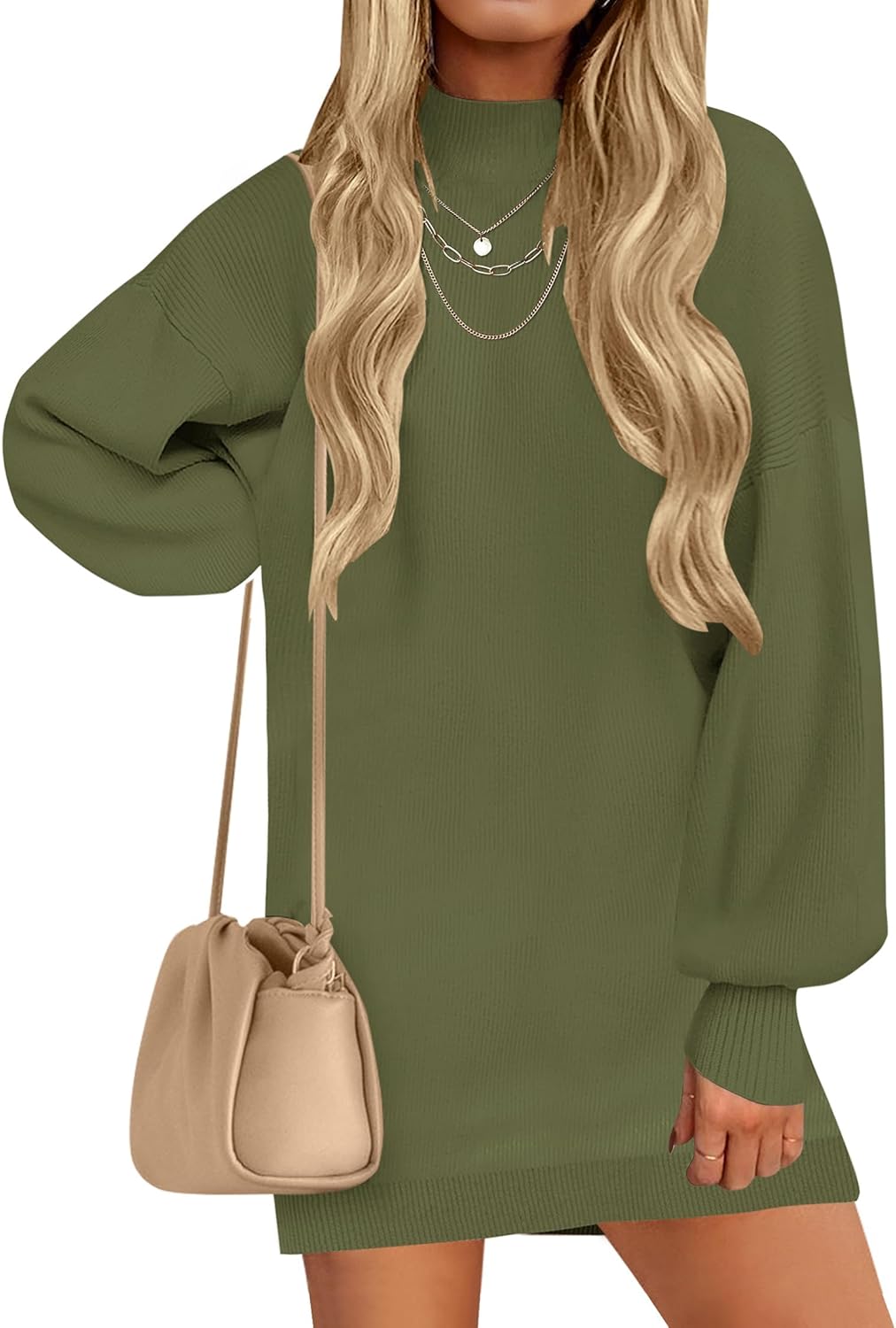 ZESICA Women's 2025 Fall Turtleneck Sweater Dress Oversized Long Lantern Sleeve Casual Knit Pullover Mini Dresses