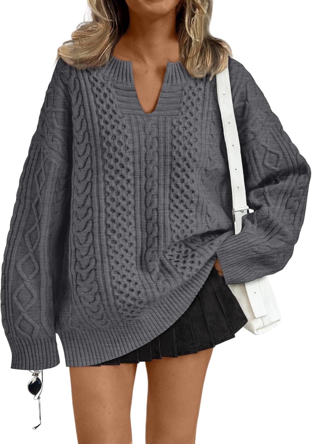 Trendy Queen V Neck Oversized Cable Knit Sweaters for Women Trendy 2025 Fall Fashion Outfits Clothes Winter Clothing