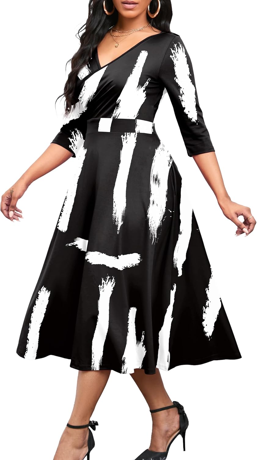 Nmoder Women's Casual Wrap Flared Midi Dress Wedding Guest Cocktail Tea Dresses A-Line Swing V-Neck 3/4 Sleeve