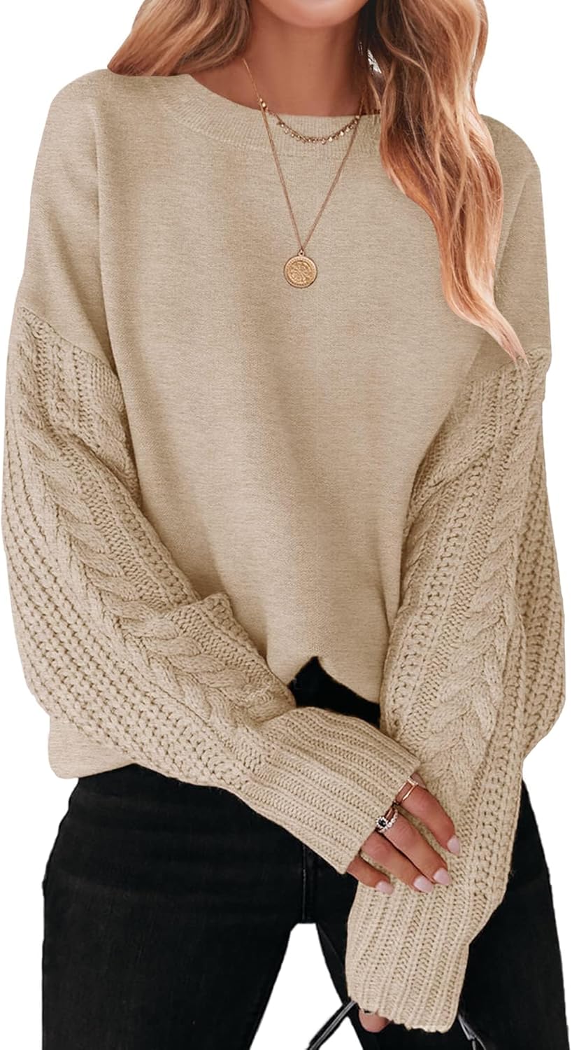 ZESICA Women's 2025 Fall Long Sleeve Crew Neck Solid Color Cable Knit Chunky Casual Oversized Pullover Sweater Tops