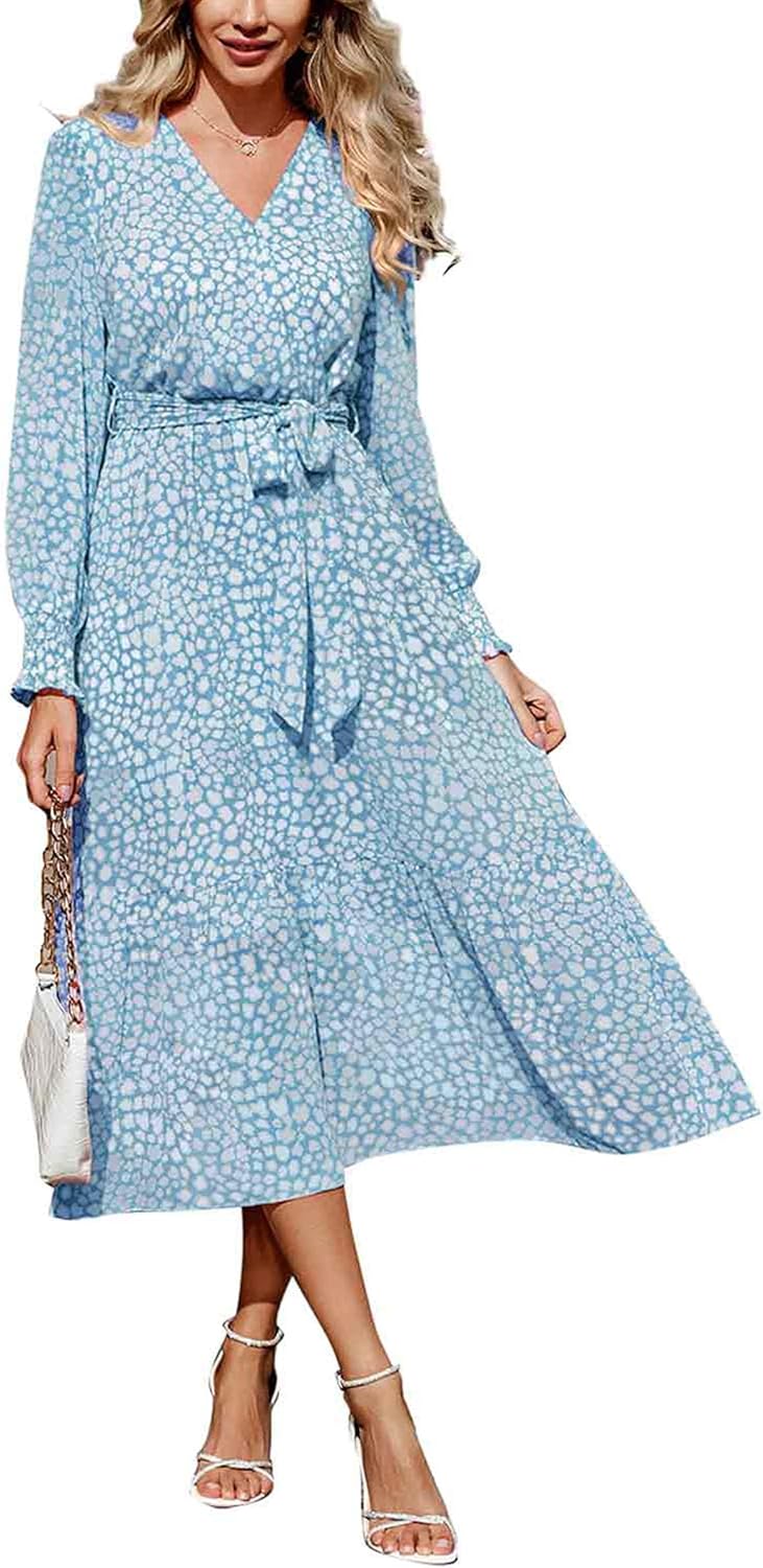 PRETTYGARDEN Women's Floral Boho Dress Fall Long Sleeve Wrap V Neck Ruffle Flowy Maxi Spring Wedding Guest Vacation Dresses