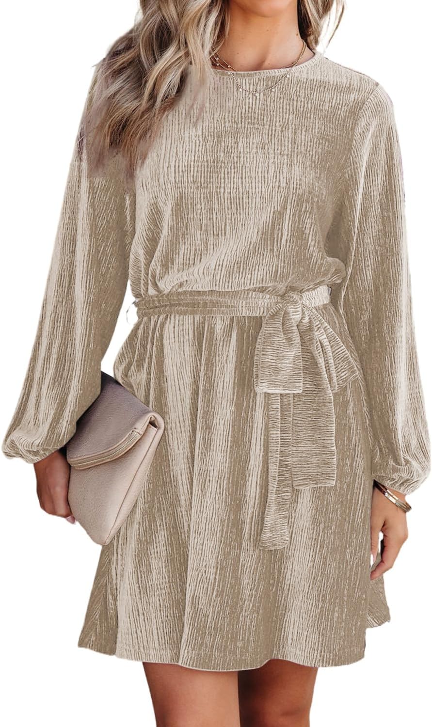 Happy Sailed Women's Velvet Dress Fall Fashion Lantern Sleeve High Waist A-Line Skater Cocktail Party Dresses with Belt