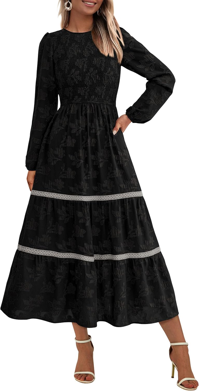 PRETTYGARDEN Long Sleeve Dress for Women 2025 Fall Elegant Modest Floral Boho Smocked Flowy Wedding Guest Midi Dresses