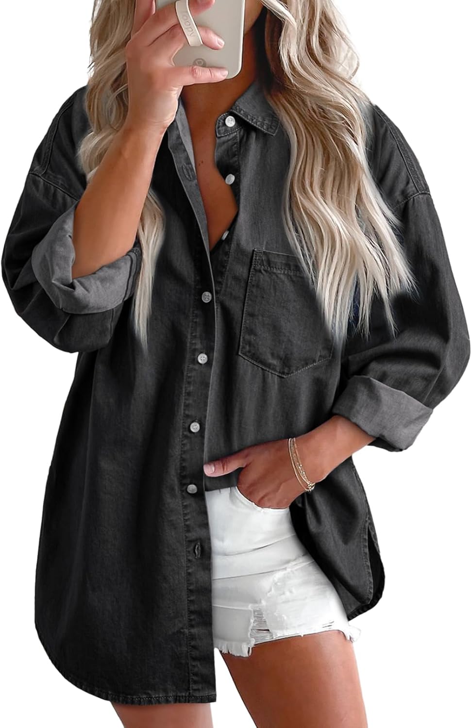 Astylish Women Denim Shirts Button Down Blouse V Neck Casual Tops
