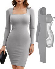 Popilush Dress Long Sleeve Midi Bodycon Dresses for Women Square Neck Shapewear Tummy Control Built-in Bra Party